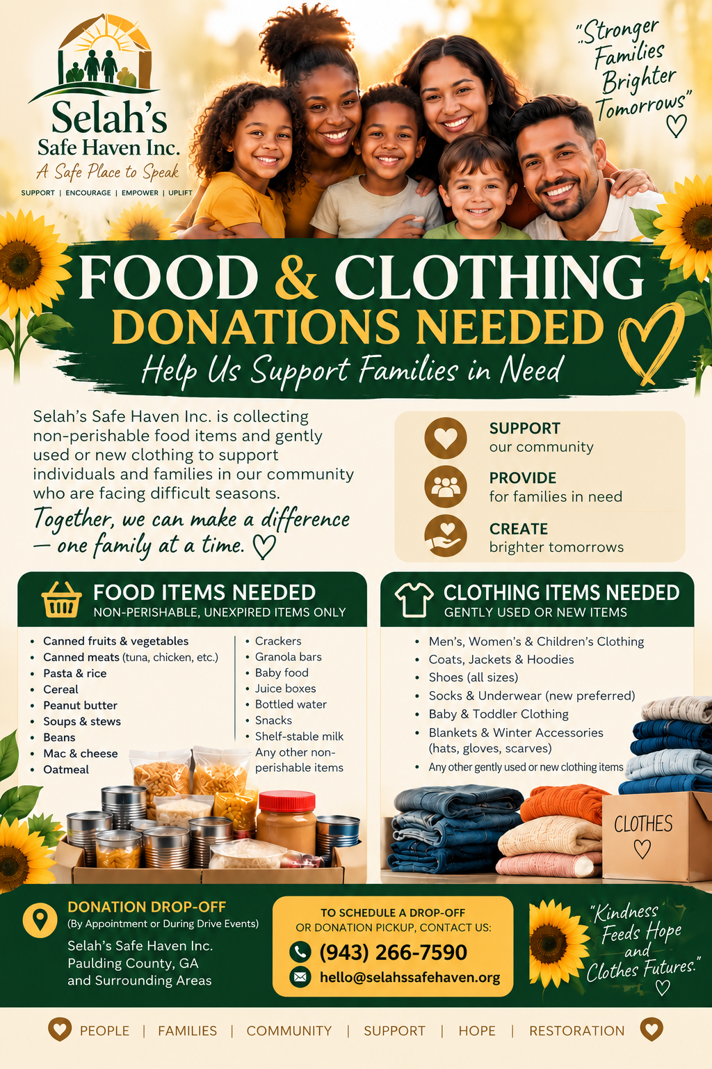 Selah's Safe Haven food and clothing donation flyer with requested items and contact details
